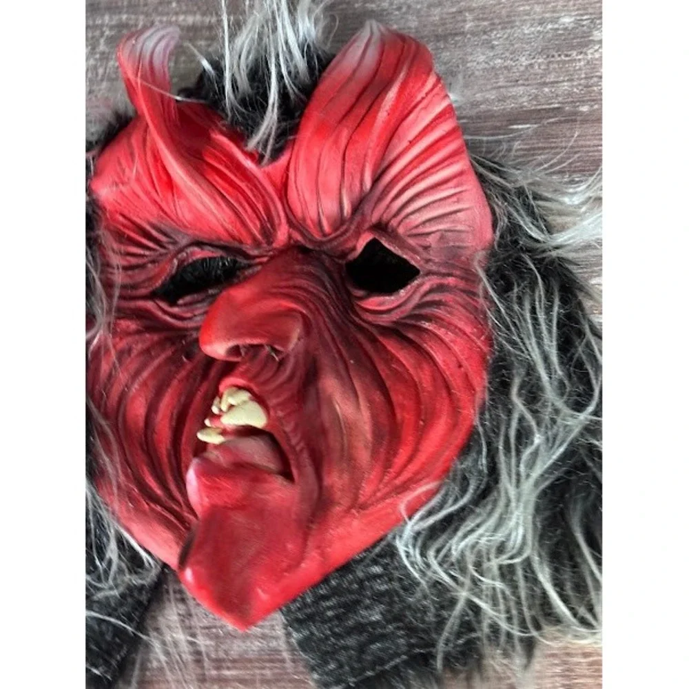 Vintage Red Devil Mask Furry‎ Horned Halloween Costume Party Prop Evil